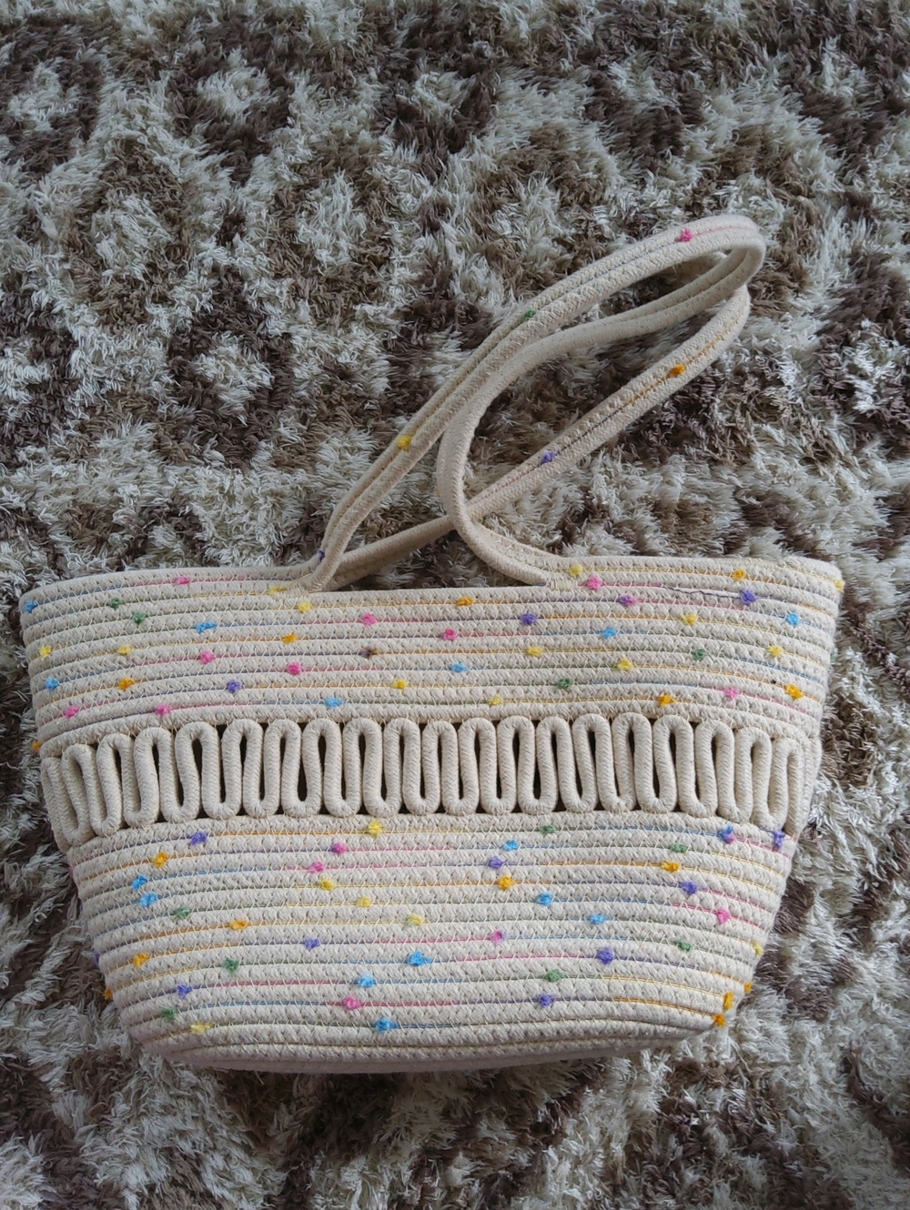 Cream Rope Tote Bag with Multicolor Confetti Dots